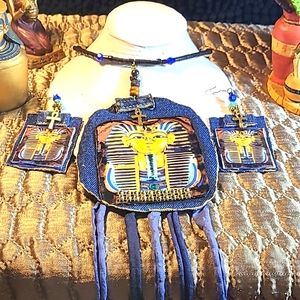 King tut denim fabric earrings and necklace jewelry set